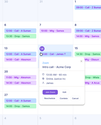 Artilo calendar with scheduled calls and meetings
